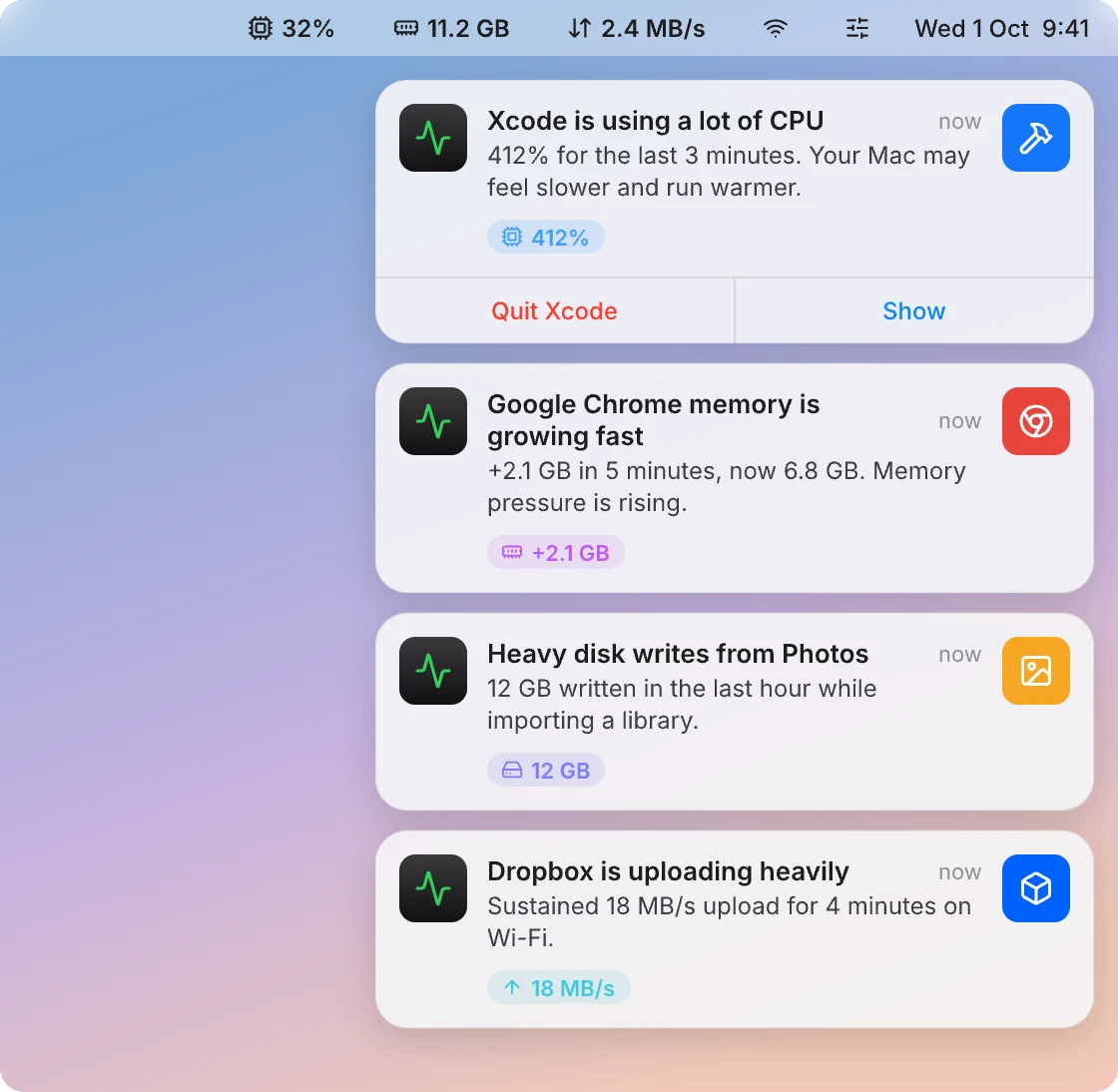 Four MoniMac notifications: Xcode using a lot of CPU, Google Chrome memory growing fast, heavy disk writes from Photos, and Dropbox uploading heavily.