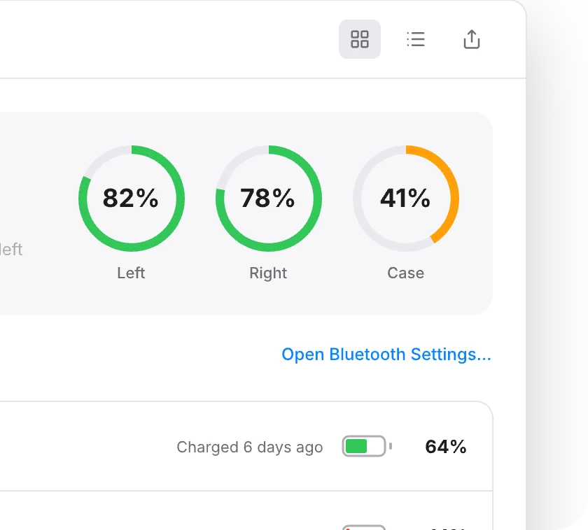 MoniMac's Bluetooth tab: AirPods Pro with left, right and case battery rings.
