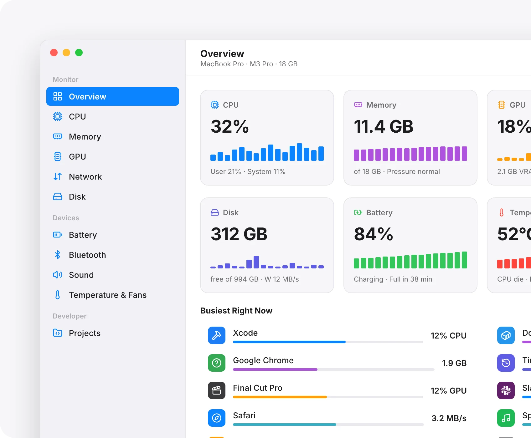 The MoniMac window on Overview: CPU, memory, GPU, disk and battery tiles with charts, and the busiest apps.