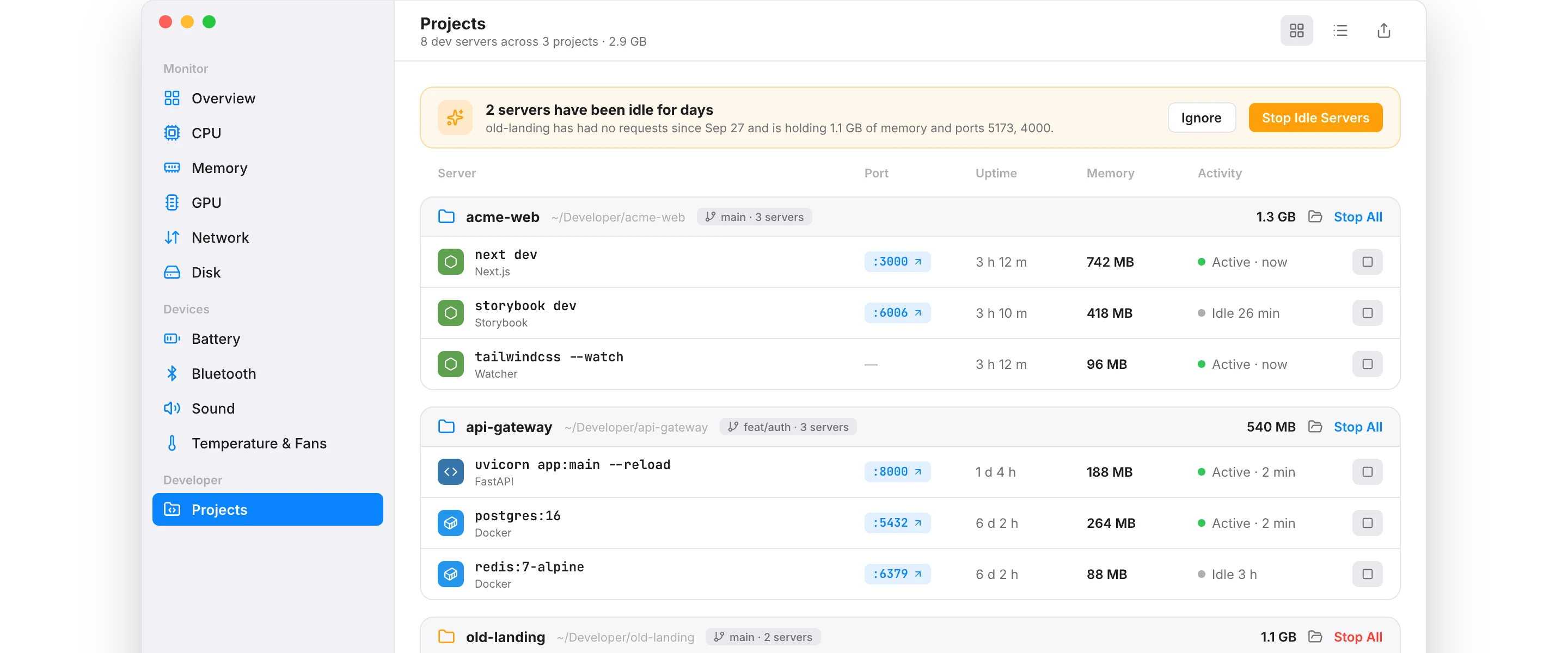 MoniMac's Projects tab: local dev servers grouped by repository, with port, uptime, memory and an idle warning.